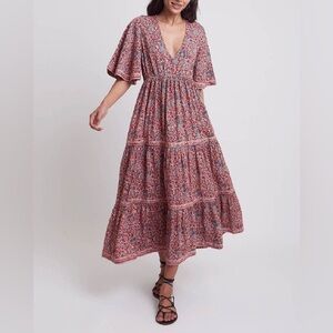 Omika Tabina Sarina Print Tiered Maxi Dress Boho V-Neck Flutter Sleeve XS NWT